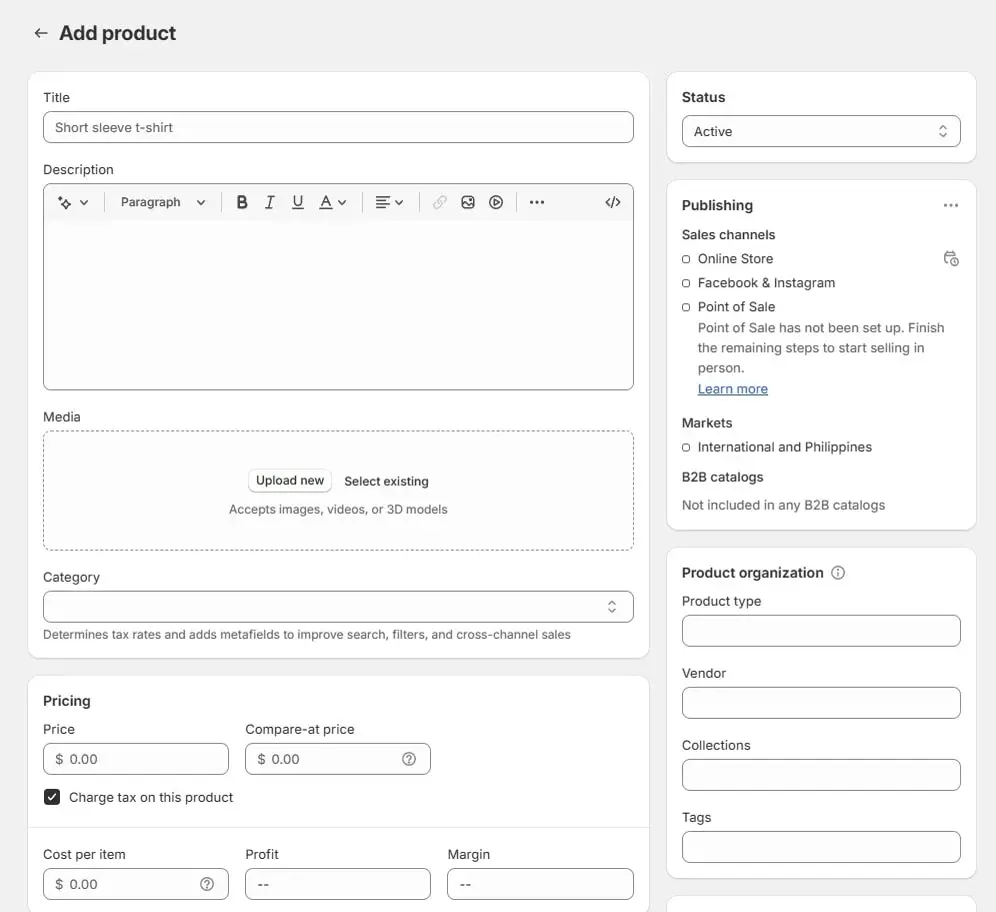 Add product screen in the Shopify admin with title, description, media and price