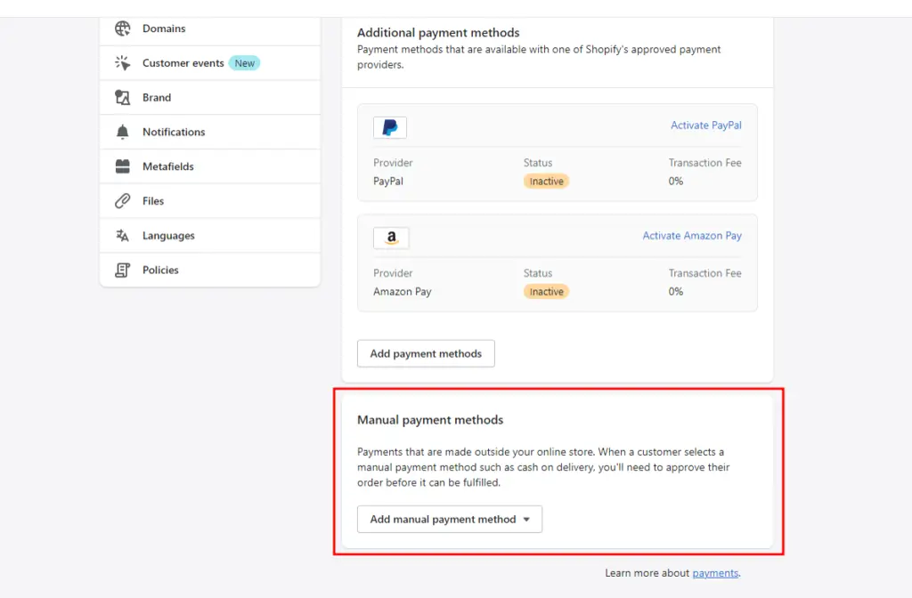 Shopify payments settings with Cash on Delivery added as a manual payment method