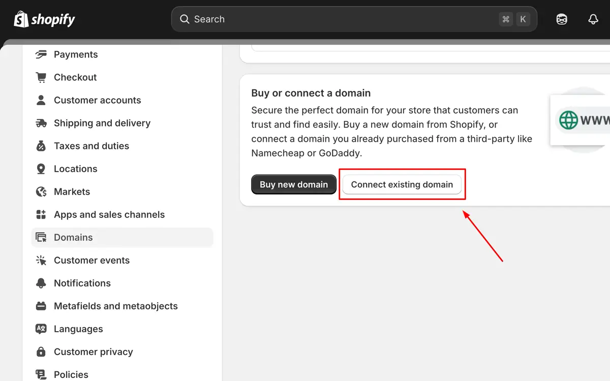 Connect existing domain option in Shopify domain settings