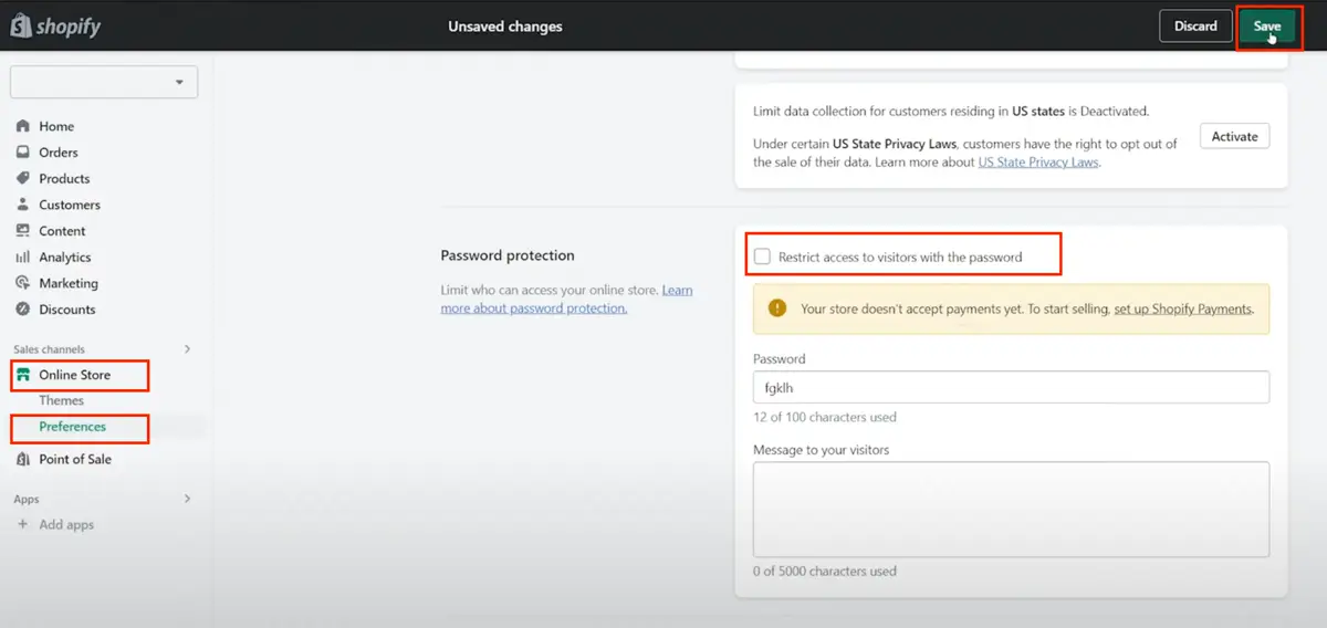 Removing the store password in Shopify online store preferences to launch