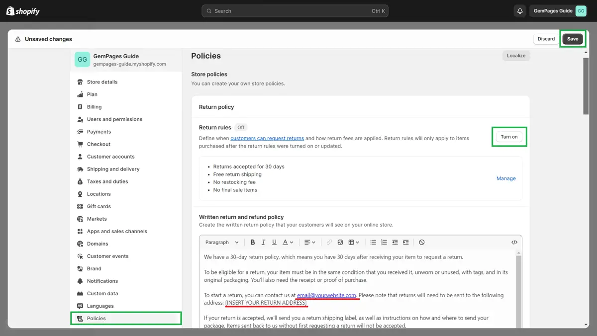 Shopify policies settings for the refund and return policy