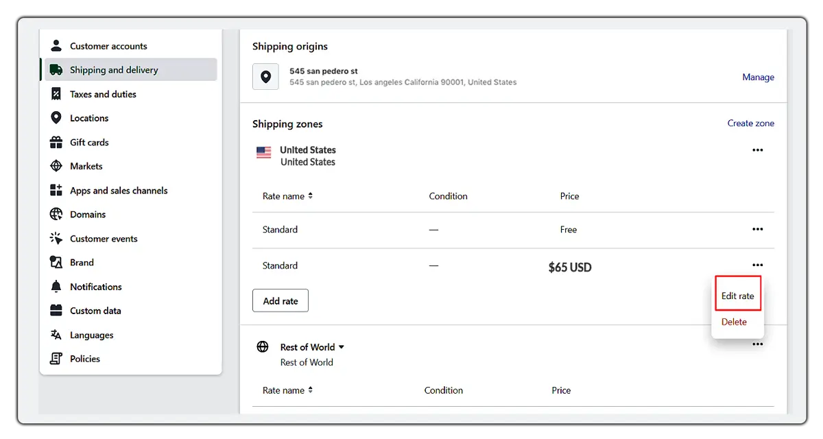 Editing a flat shipping rate in Shopify shipping and delivery settings