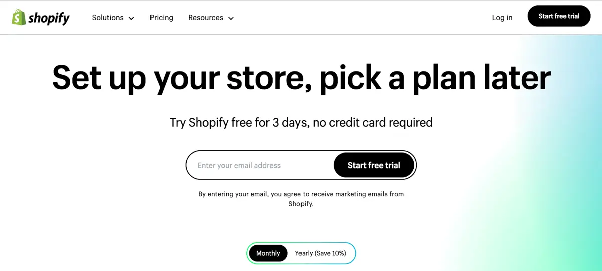 Shopify sign-up page where you create a Shopify store with your email