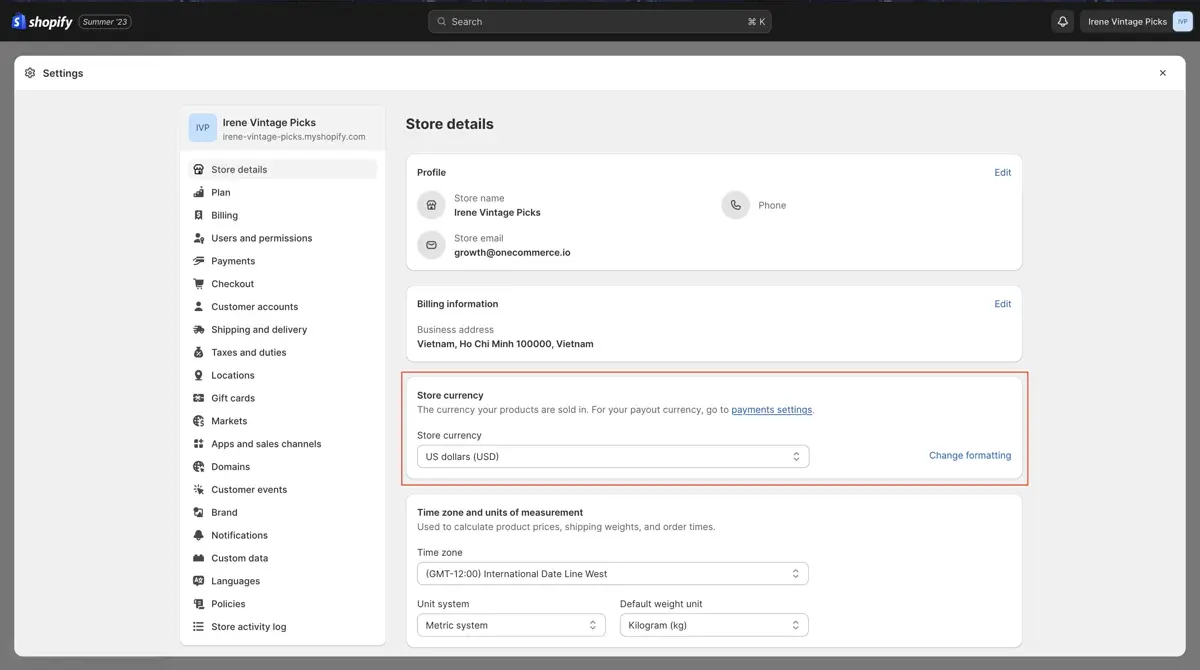 Shopify store details settings with the store currency field