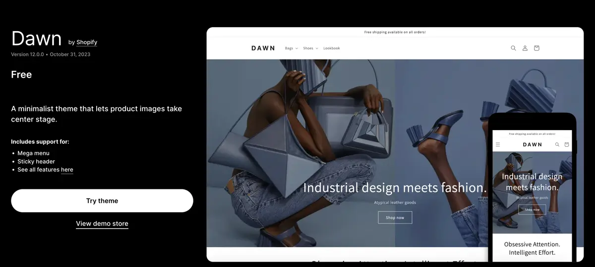 Dawn, a free theme in the Shopify Theme Store, shown on desktop and phone