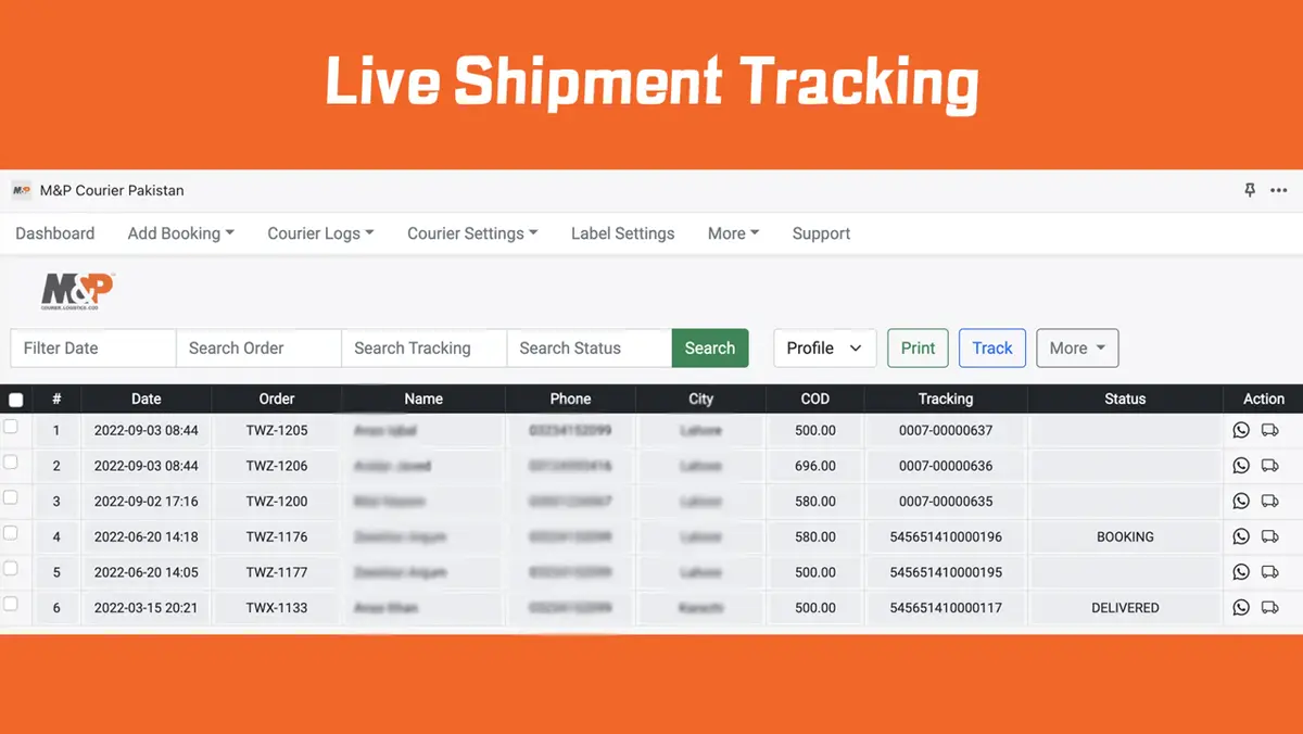 M&P Courier app in Shopify with COD amounts and tracking numbers per order