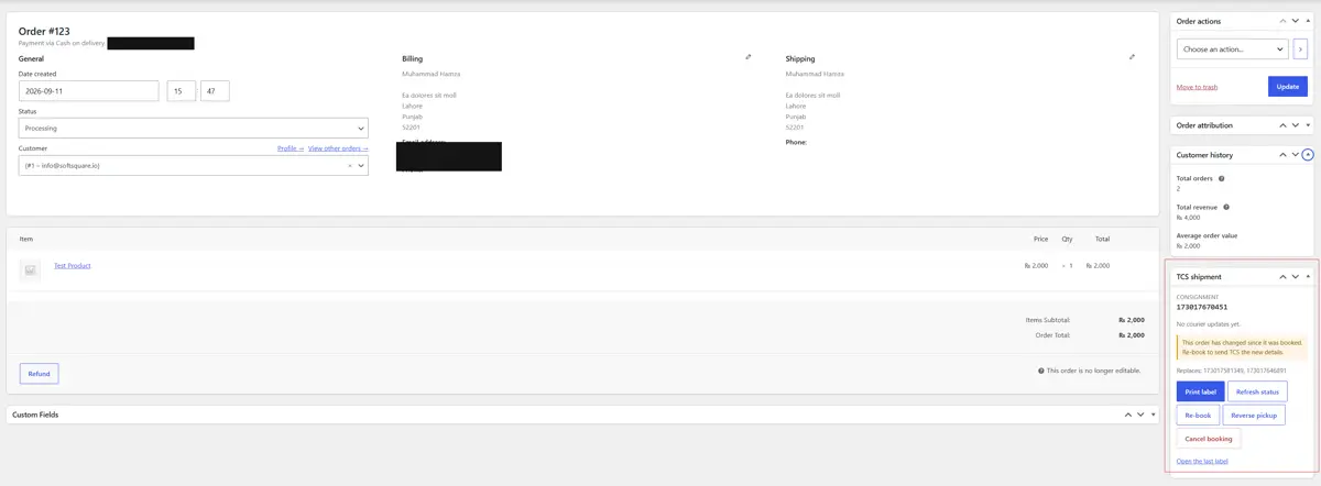 TCS shipment box on a WooCommerce order with consignment number and print label button