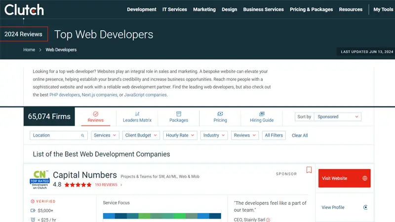 Clutch, a directory of web development companies with verified client reviews