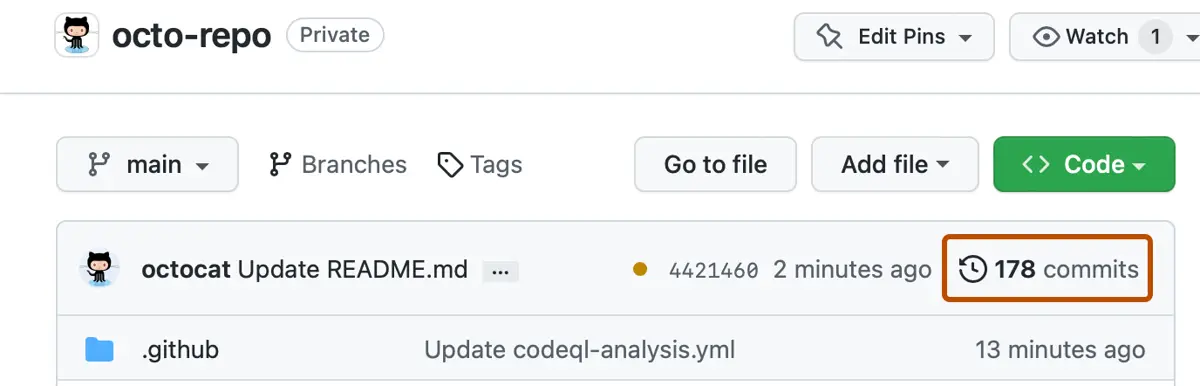 The commits page of a GitHub repository, showing who changed what and when