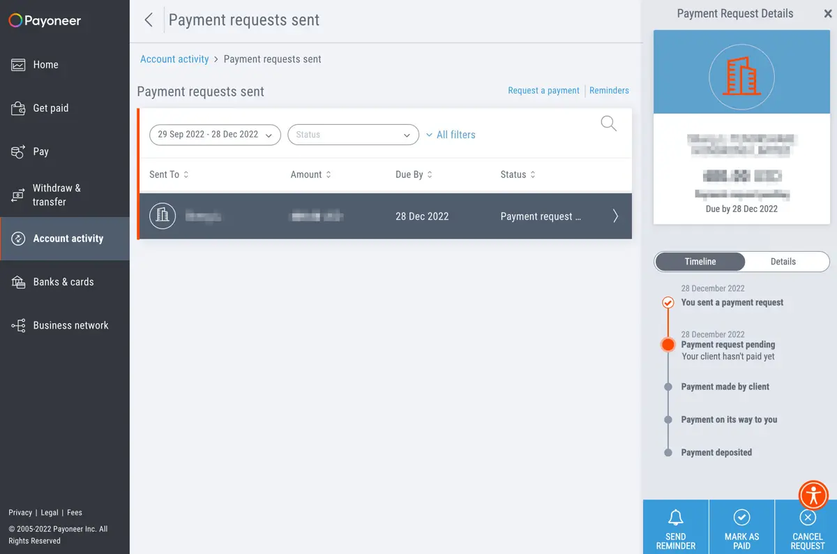 A Payoneer payment request sent to a client