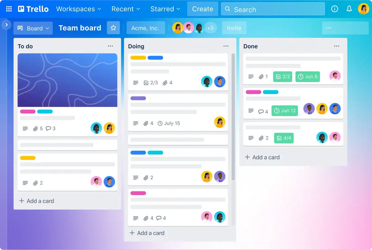 A Trello board tracking a project in To do, Doing and Done columns