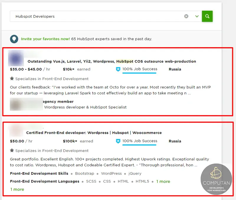 Upwork search results used to hire a web developer, showing rates and job success scores