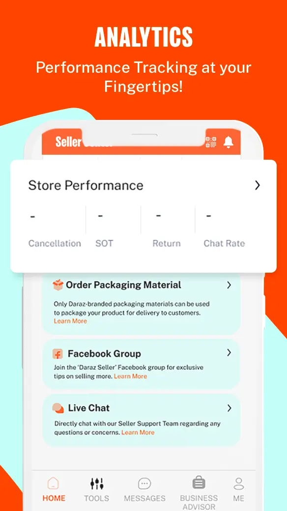 Daraz Seller Center app tracking cancellation, shipping on time and return rates for each seller