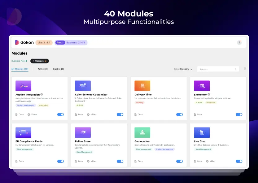 Dokan modules for a WooCommerce marketplace: delivery time, live chat, geolocation and more