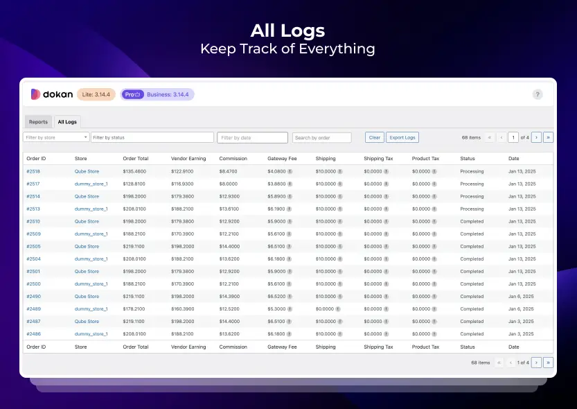 Dokan order log splitting each order total into vendor earning, commission, gateway fee and shipping