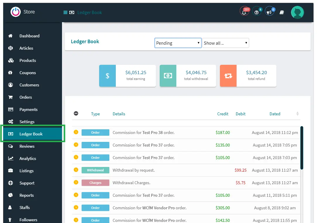 WCFM vendor ledger book with commissions, withdrawals and withdrawal charges