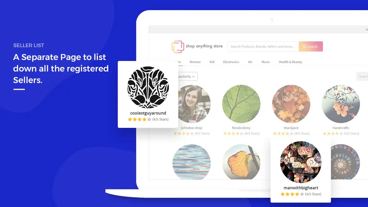 Seller list page of a marketplace website with each vendor’s store and rating
