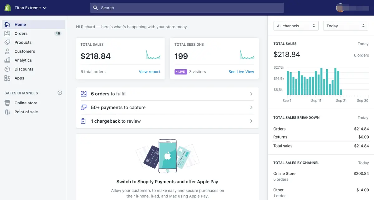 Shopify admin home with sales, sessions and orders to fulfil, compared in this woocommerce vs shopify guide