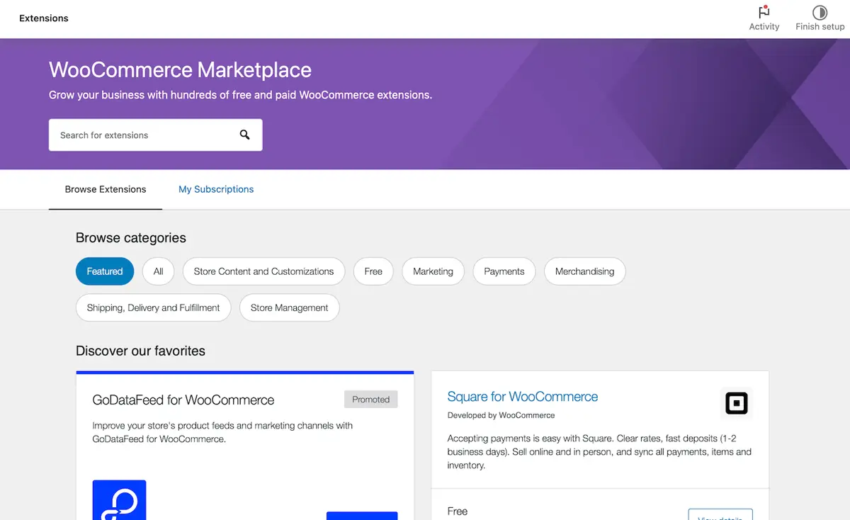 WooCommerce Marketplace of free and paid extensions inside WordPress
