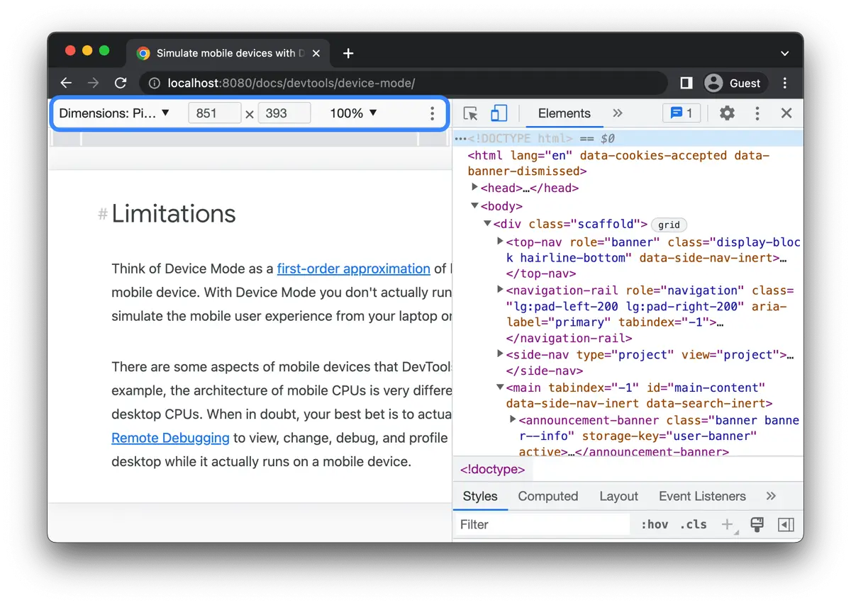 Chrome DevTools device toolbar showing a website at phone size