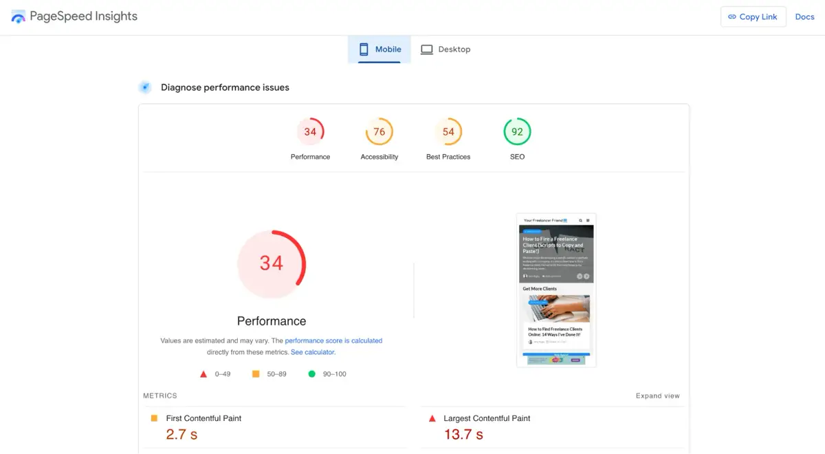 A Google PageSpeed Insights report with the mobile performance score