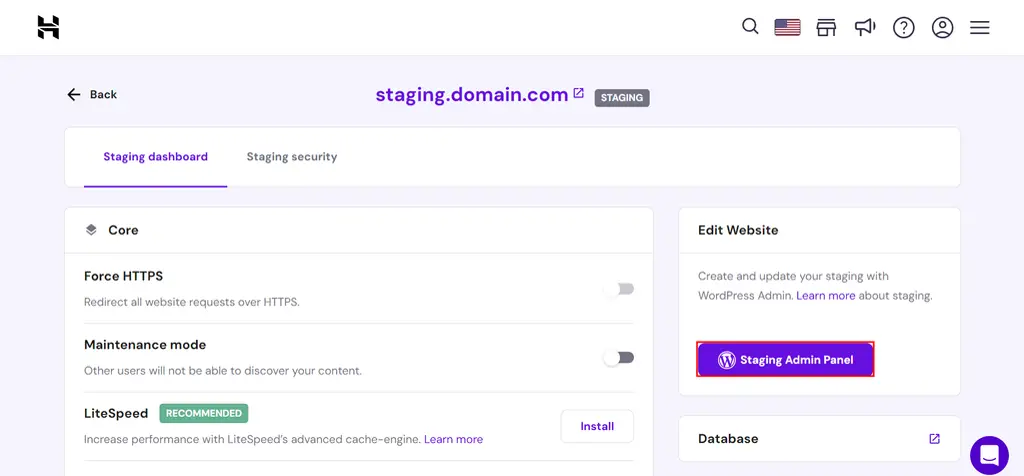 A WordPress staging site in the Hostinger panel, used to review a site before it goes live