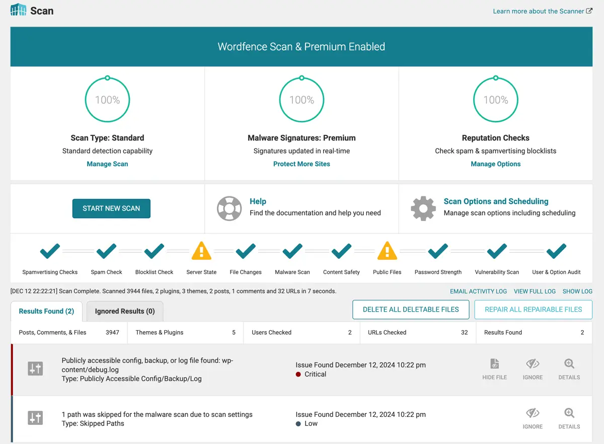 Wordfence malware scan results on a WordPress site